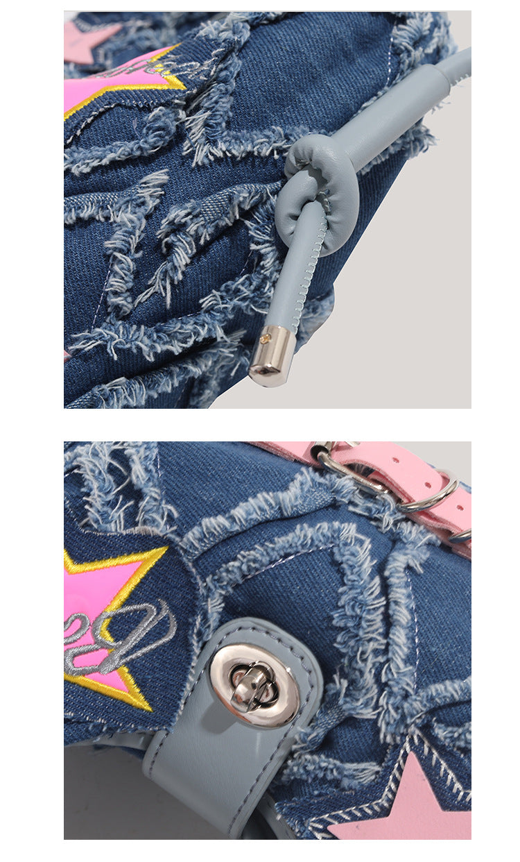 Trendy Denim Crescent Bag - Distressed Star Punk Style Crossbody Handbag - Chic Small Hobo Bag for Women - Spicy Girl Streetwear Aesthetic