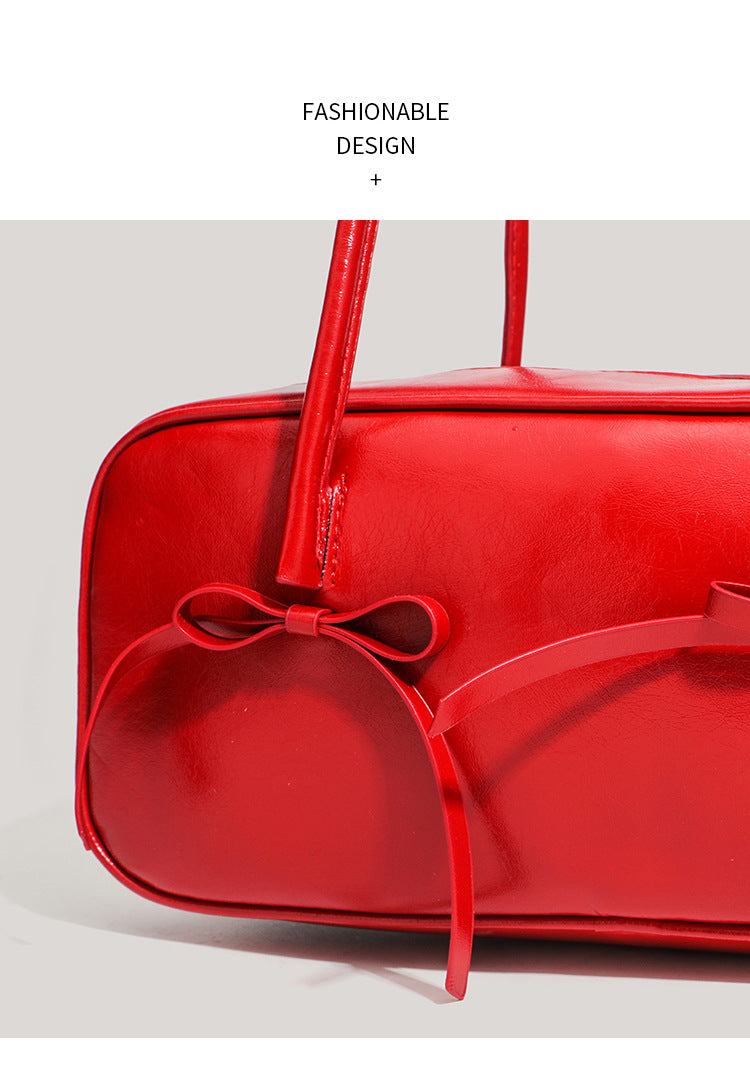Red Chic PU Leather Baguette Shoulder Bag - Elegant Bow Accent Underarm Handbag for Women