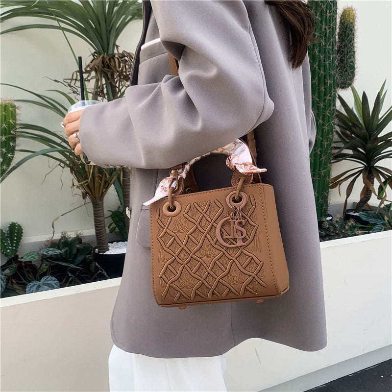 Elegant Embossed PU Leather Handbag with Scarf Detail - Versatile Top-Handle & Crossbody Bag(blue)
