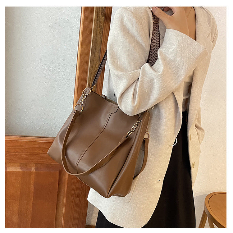 White Chic 2-Piece Tote Bag Set - Large Capacity Commuter Handbag with Wide Strap Crossbody Purse