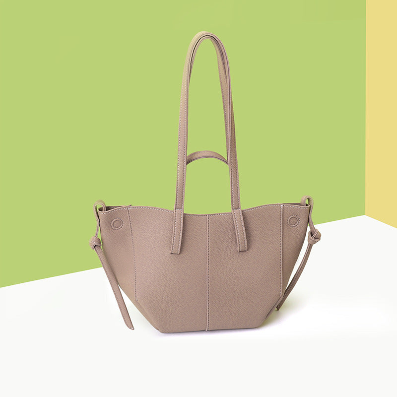 Grey Chic Minimalist PU Leather Tote Bag - Women's Versatile Shoulder Handbag with Contrast Stitching
