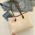 Beige and Brown Chic Large Capacity Tote Bag - PU Leather Commuter Shoulder Handbag for Women
