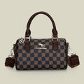 Brown checkered pattern Stylish PU Leather Boston Bag - Elegant Retro Single Shoulder Crossbody Handbag for Women
