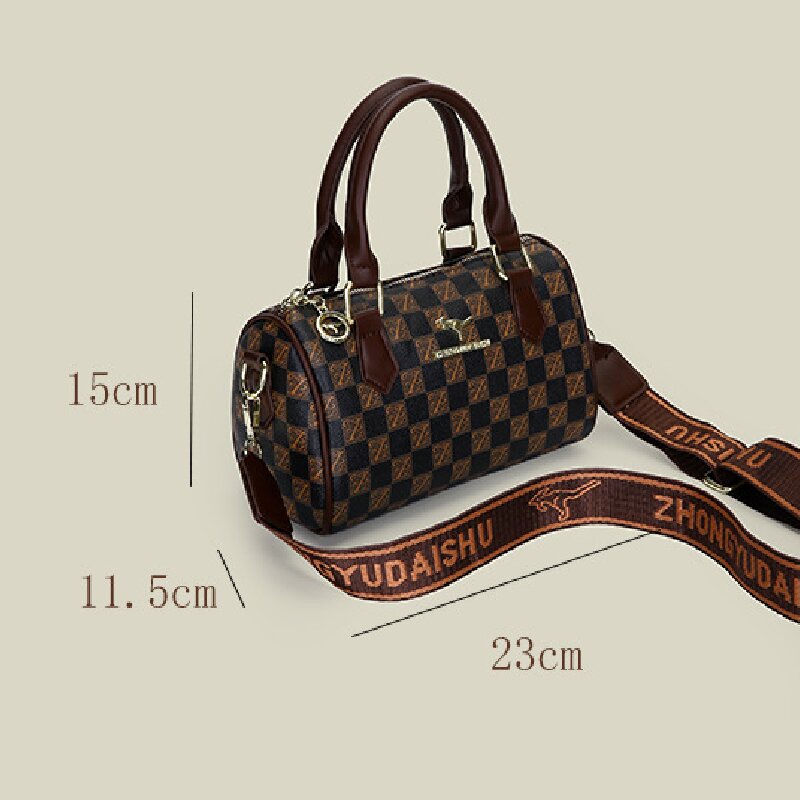 Brown checkered pattern Stylish PU Leather Boston Bag - Elegant Retro Single Shoulder Crossbody Handbag for Women