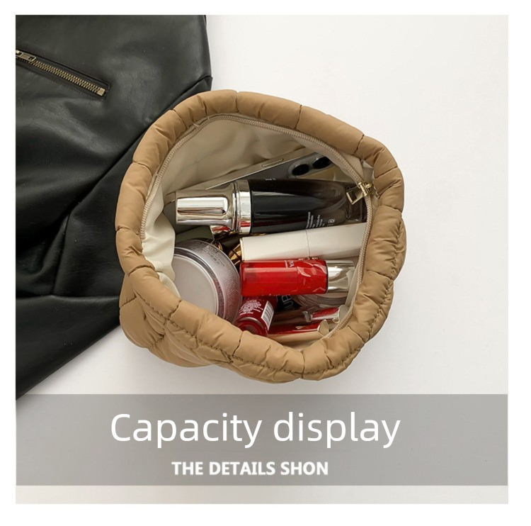 White Puffer Makeup Bag Quilted Pouch Cosmetic Organizer Bag Soft Nylon Travel Toiletry Bag Zipper Handbag for Women