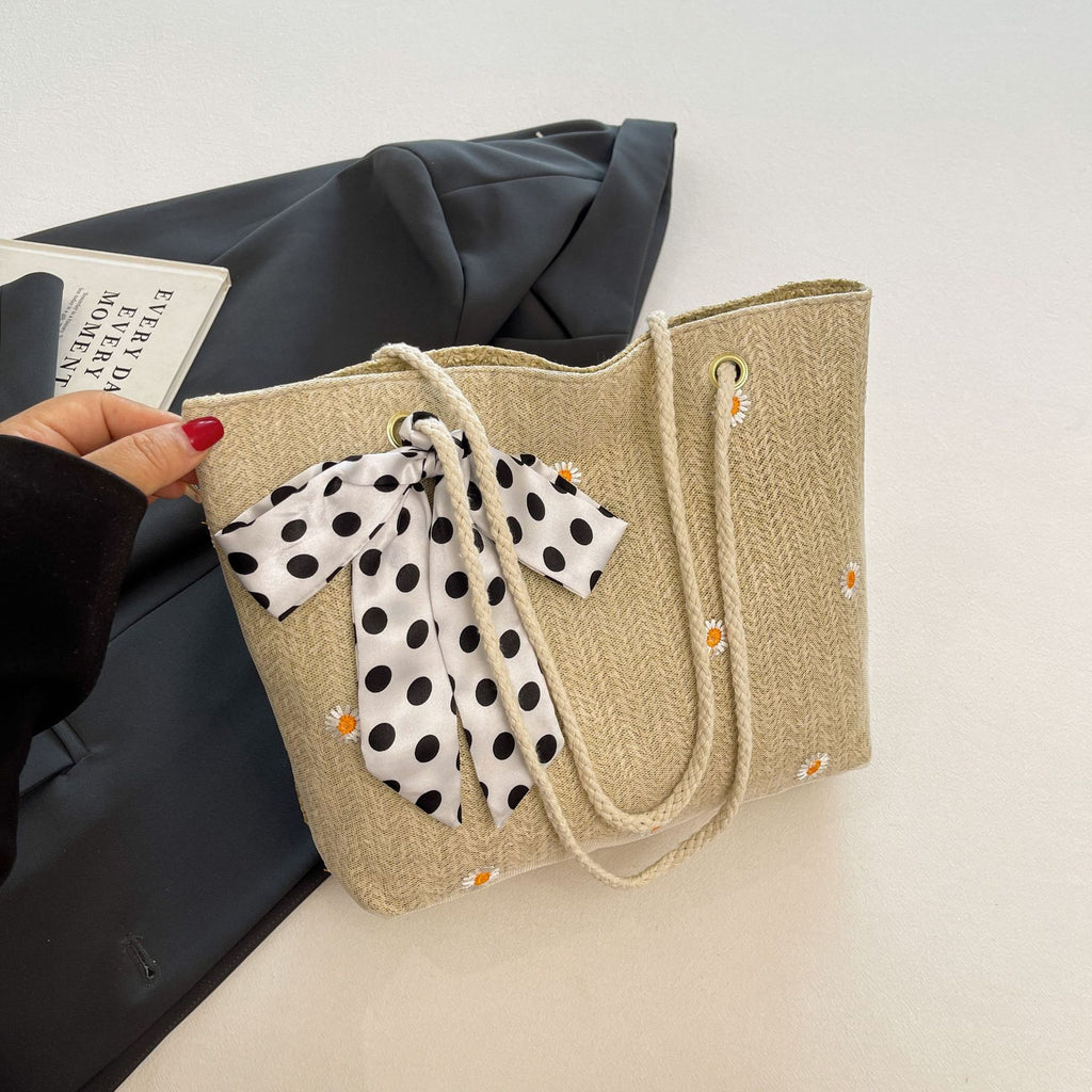 Khaki Women's Straw Woven Tote Bag Summer Daisy Embroidery Shoulder Handbag with Ribbon Scarf
