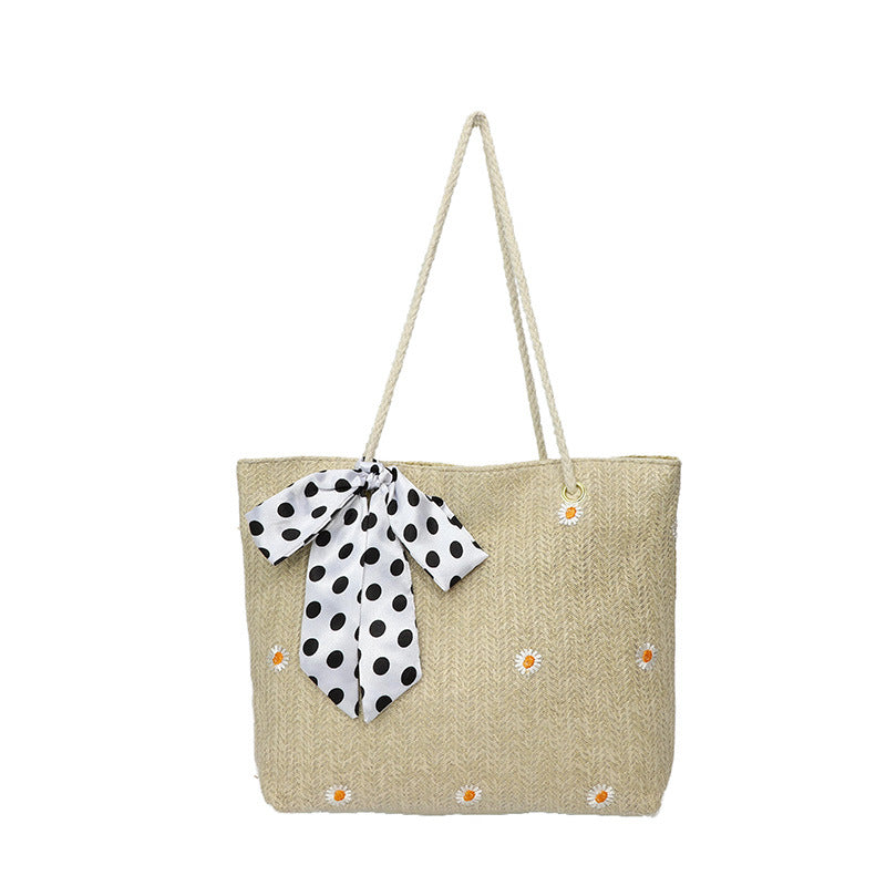 Khaki Women's Straw Woven Tote Bag Summer Daisy Embroidery Shoulder Handbag with Ribbon Scarf