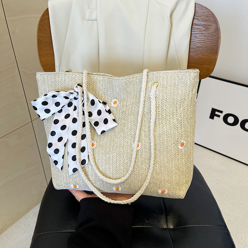 White Women's Straw Woven Tote Bag Summer Daisy Embroidery Shoulder Handbag with Ribbon Scarf