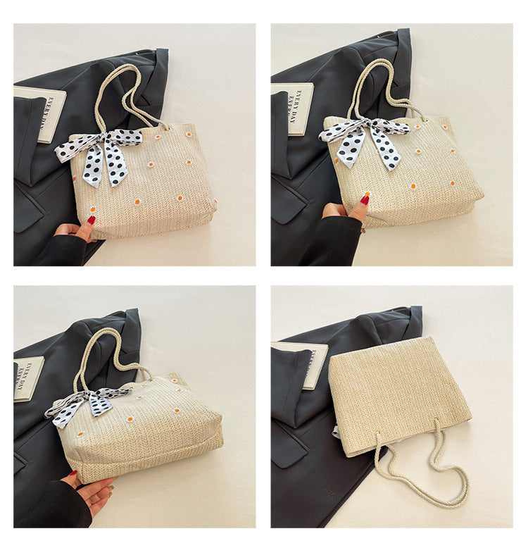 White Women's Straw Woven Tote Bag Summer Daisy Embroidery Shoulder Handbag with Ribbon Scarf