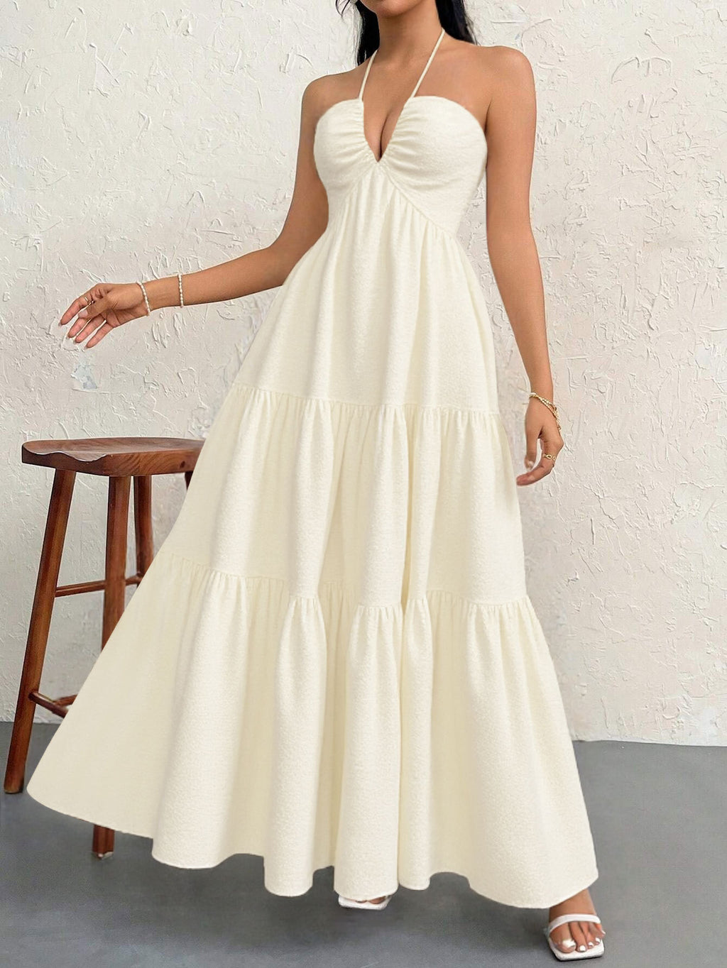 Apricot S Size Women's Elegant Halter Maxi Dress Summer Backless V-Neck Sleeveless Long Beach Resort Gown