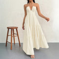 Apricot M Size Women's Elegant Halter Maxi Dress Summer Backless V-Neck Sleeveless Long Beach Resort Gown