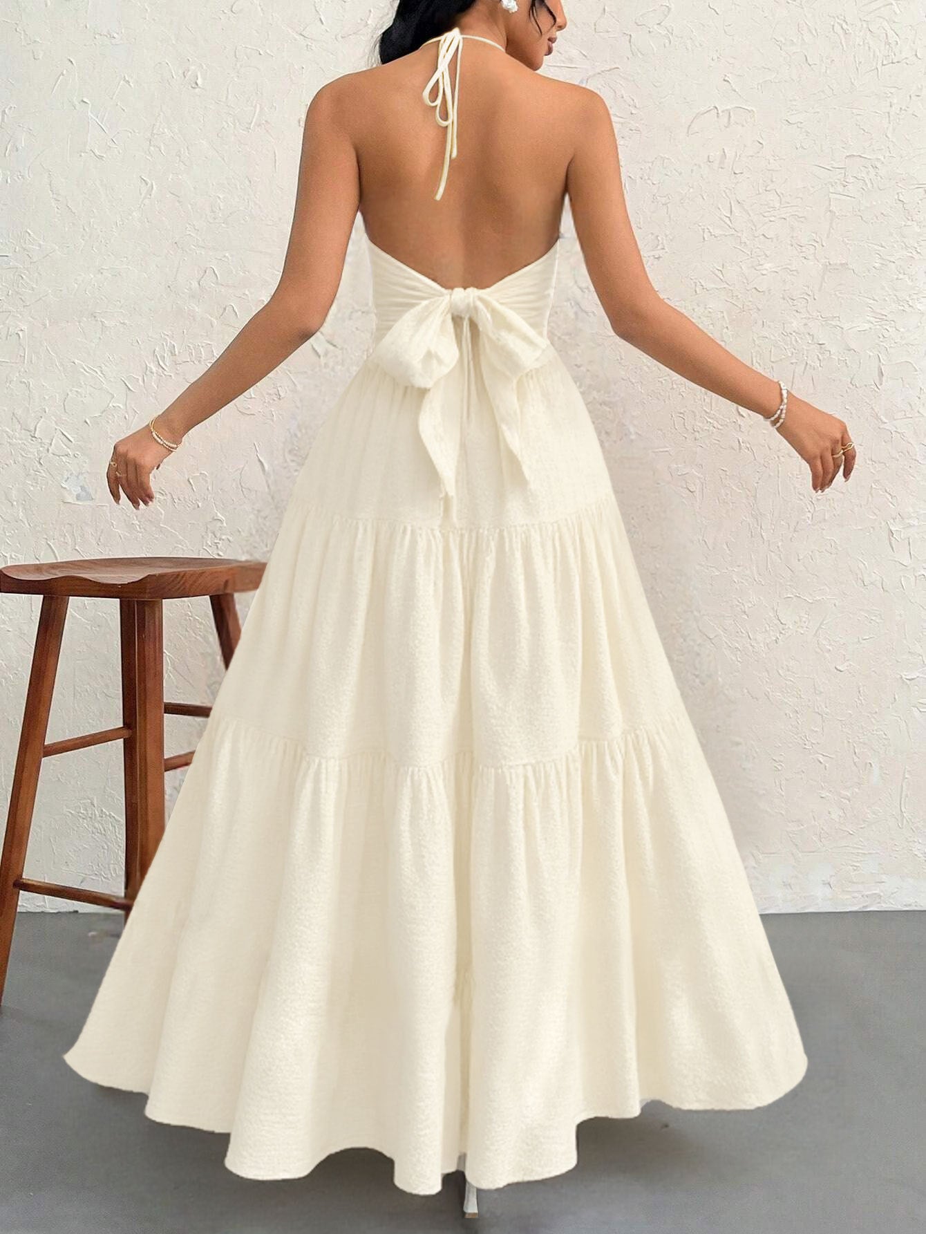 Apricot M Size Women's Elegant Halter Maxi Dress Summer Backless V-Neck Sleeveless Long Beach Resort Gown