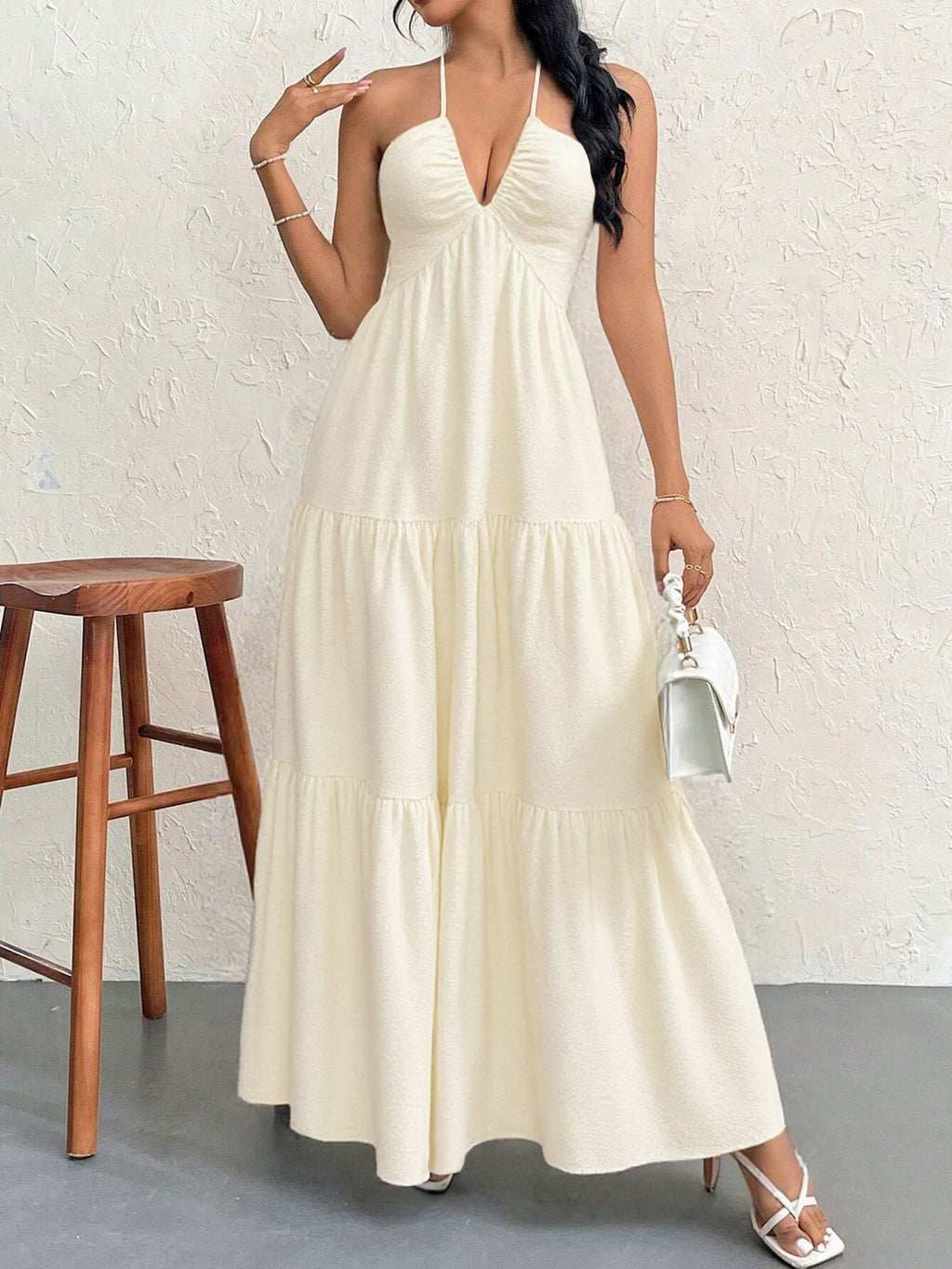 Apricot L Size Women's Elegant Halter Maxi Dress Summer Backless V-Neck Sleeveless Long Beach Resort Gown