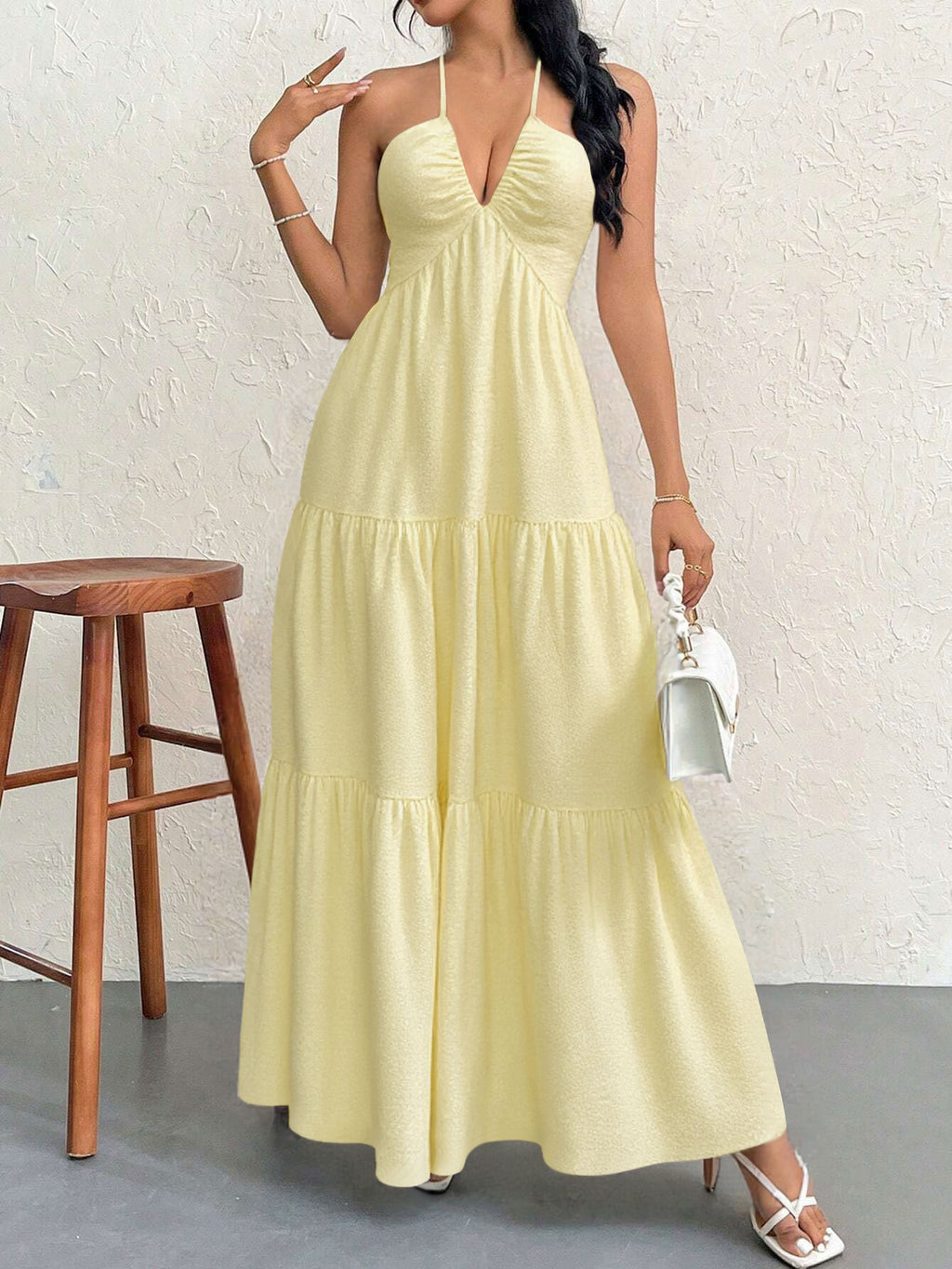 Apricot L Size Women's Elegant Halter Maxi Dress Summer Backless V-Neck Sleeveless Long Beach Resort Gown