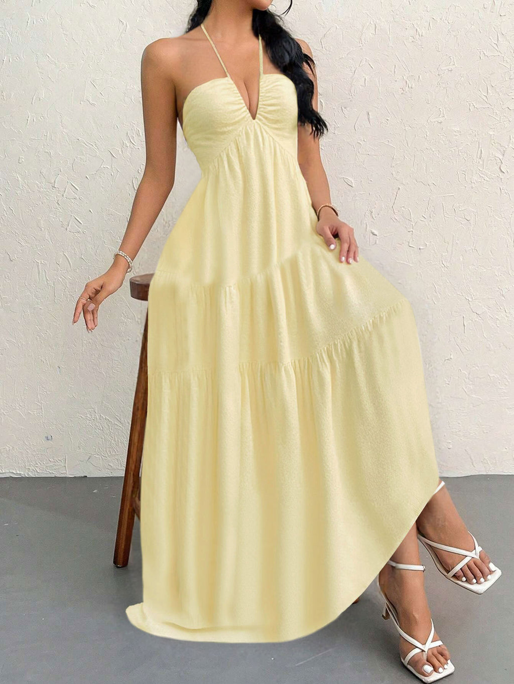Apricot XL Size Women's Elegant Halter Maxi Dress Summer Backless V-Neck Sleeveless Long Beach Resort Gown
