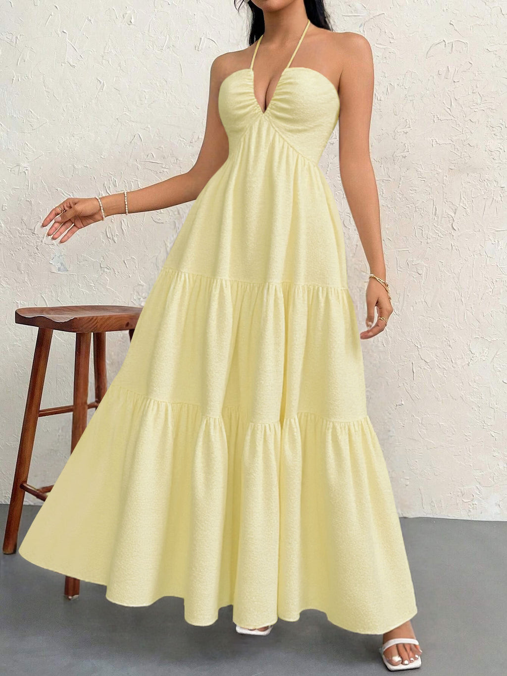 Apricot XL Size Women's Elegant Halter Maxi Dress Summer Backless V-Neck Sleeveless Long Beach Resort Gown