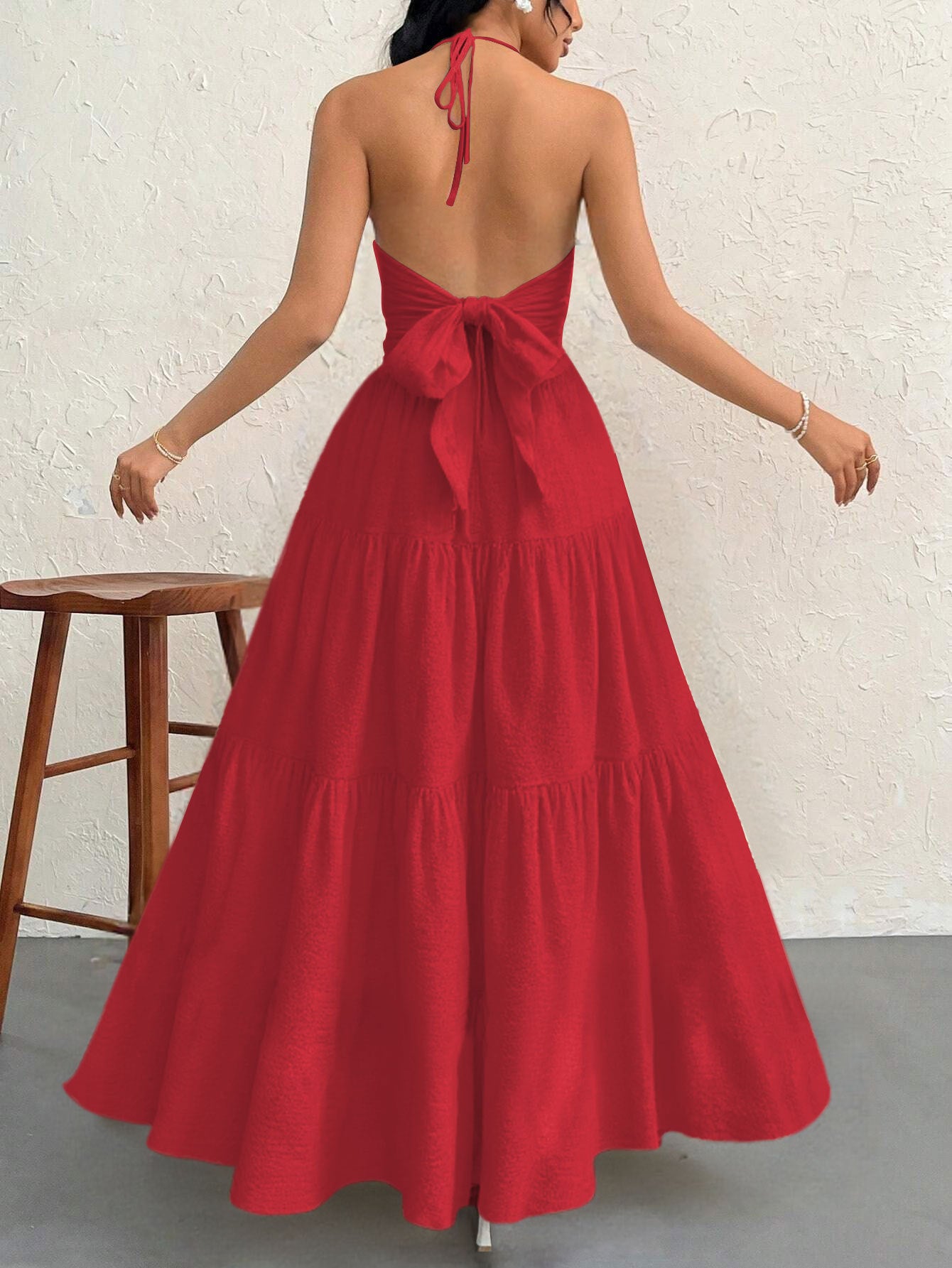 Red S Size Women's Elegant Halter Maxi Dress Summer Backless V-Neck Sleeveless Long Beach Resort Gown
