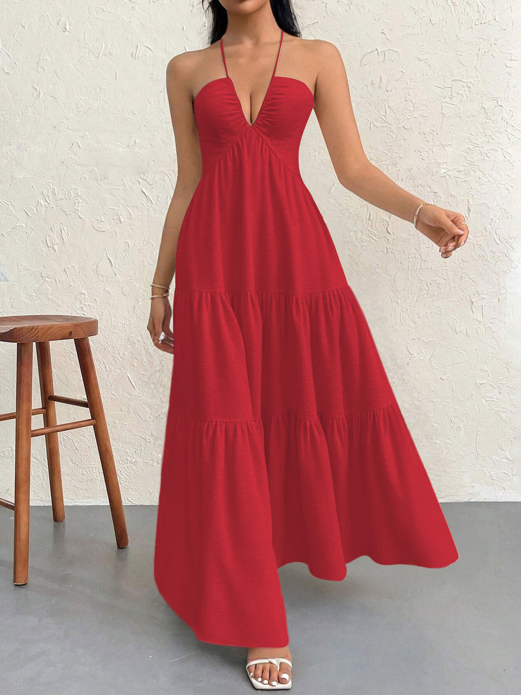 Red M Size Women's Elegant Halter Maxi Dress Summer Backless V-Neck Sleeveless Long Beach Resort Gown