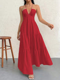 Red M Size Women's Elegant Halter Maxi Dress Summer Backless V-Neck Sleeveless Long Beach Resort Gown