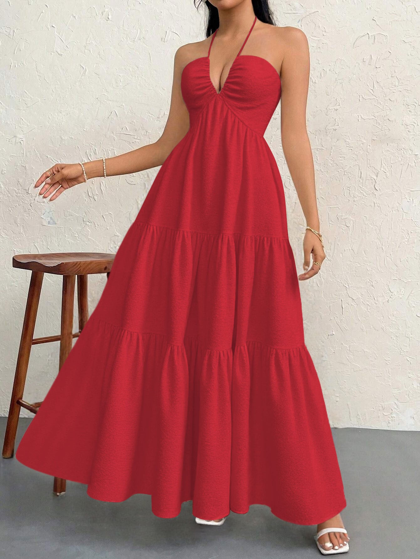 Red M Size Women's Elegant Halter Maxi Dress Summer Backless V-Neck Sleeveless Long Beach Resort Gown