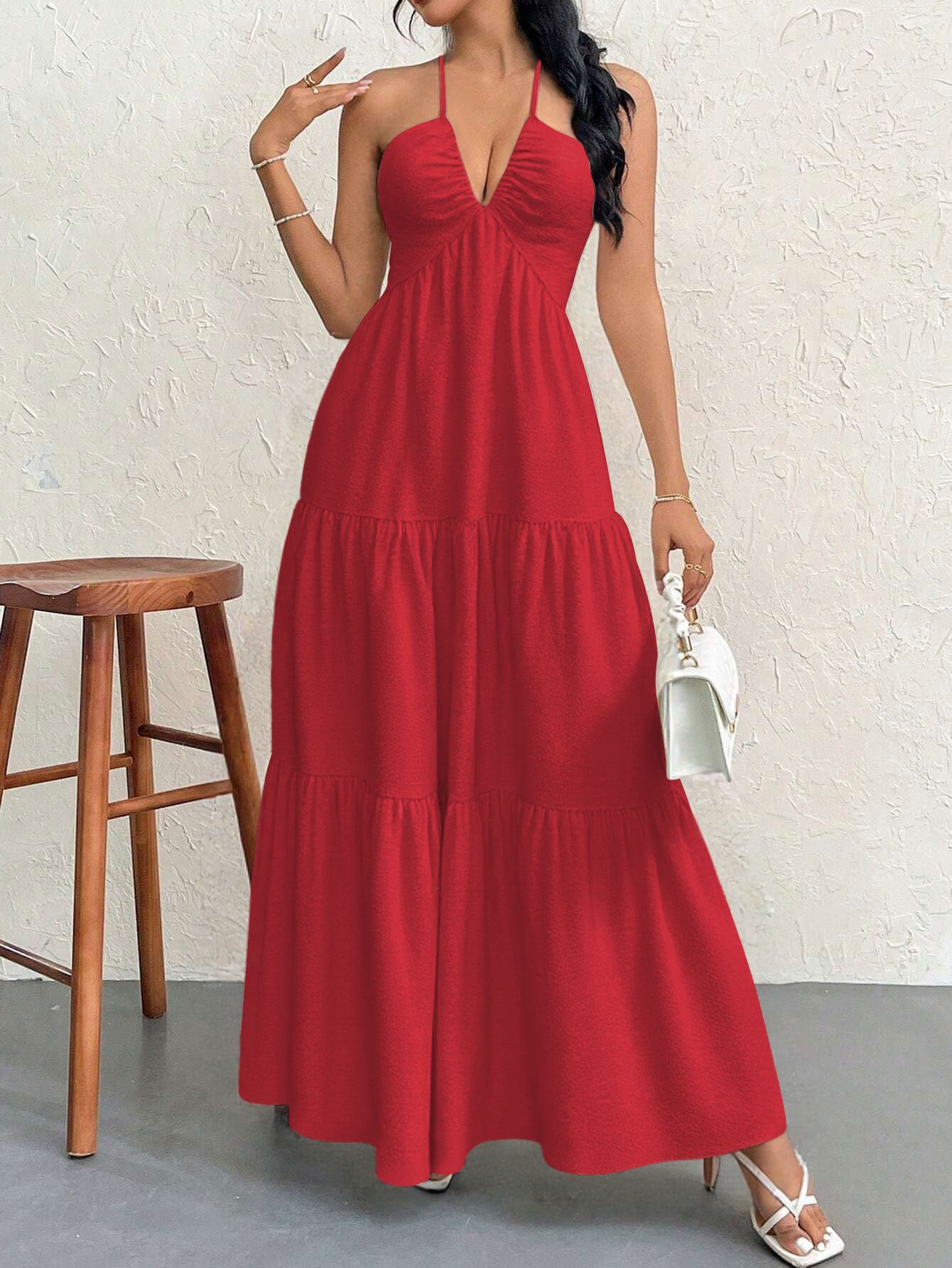 Red M Size Women's Elegant Halter Maxi Dress Summer Backless V-Neck Sleeveless Long Beach Resort Gown