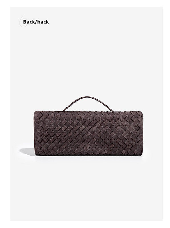 Retro Woven Baguette Handbag for Women Suede Texture PU Leather Shoulder Crossbody Bag Elegant Evening Clutch Coffee Brown