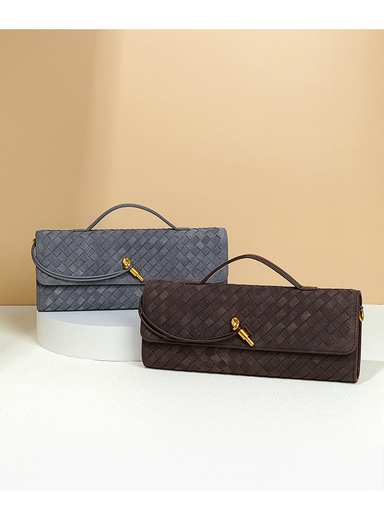 Retro Woven Baguette Handbag for Women Suede Texture PU Leather Shoulder Crossbody Bag Elegant Evening Clutch Warm gray