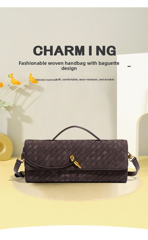 Retro Woven Baguette Handbag for Women Suede Texture PU Leather Shoulder Crossbody Bag Elegant Evening Clutch Olive green