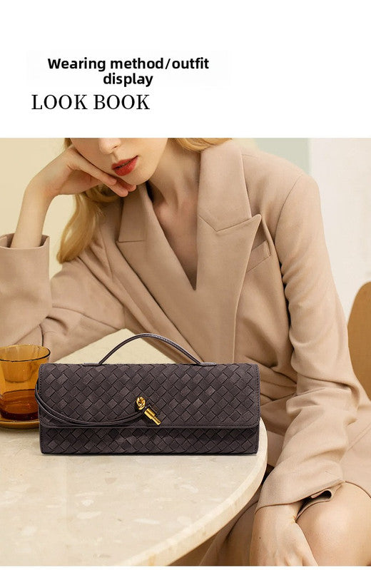 Retro Woven Baguette Handbag for Women Suede Texture PU Leather Shoulder Crossbody Bag Elegant Evening Clutch Black
