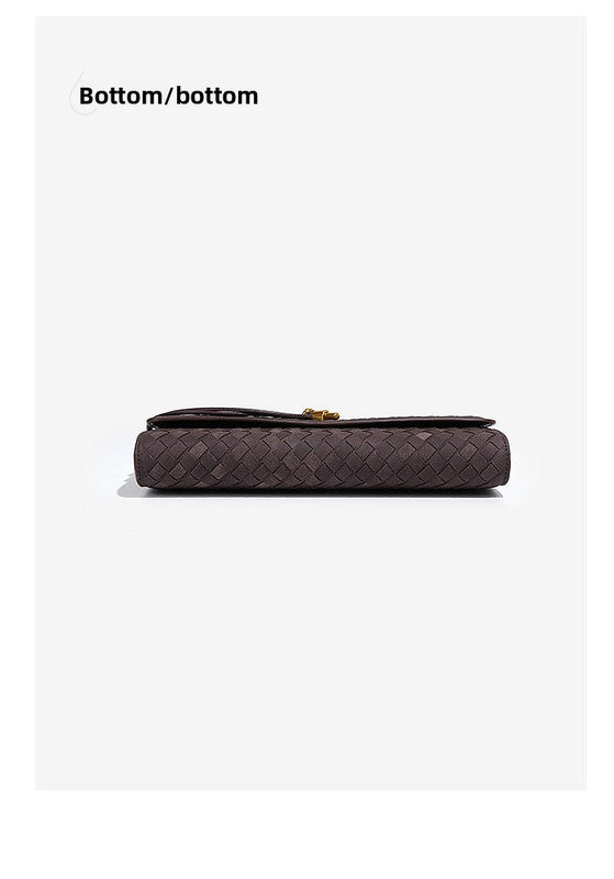 Retro Woven Baguette Handbag for Women Suede Texture PU Leather Shoulder Crossbody Bag Elegant Evening Clutch Black