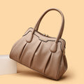Khaki Women's Premium Wear-Resistant Leather Shoulder Bag - Vintage Frame Kiss-Lock Handbag & Crossbody Satchel