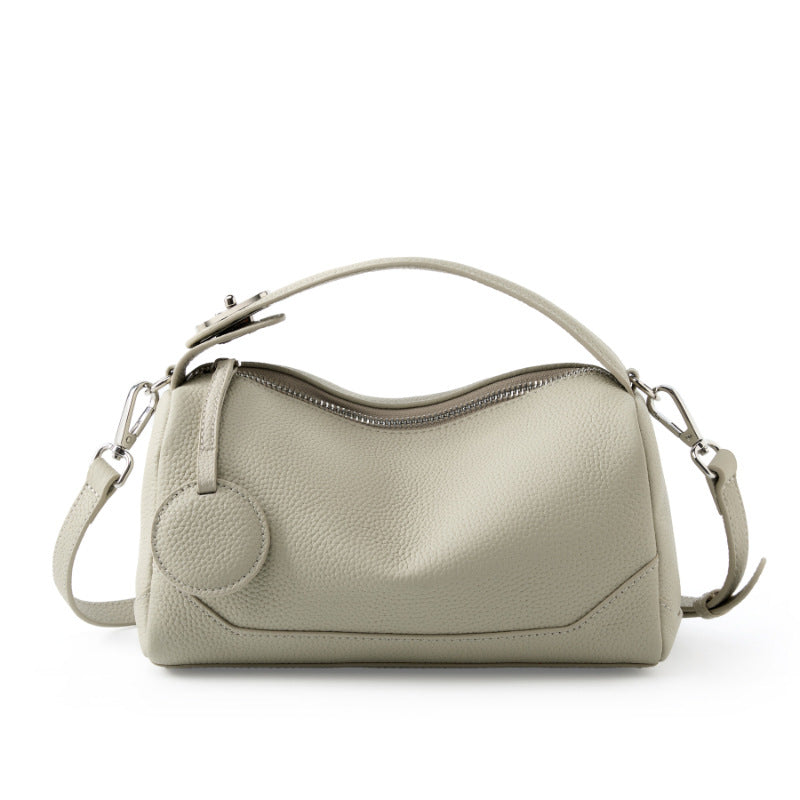 Beige Women Genuine First Layer Cowhide Boston Bag Fashionable Handheld Crossbody Shoulder Bag with 115cm Adjustable Strap