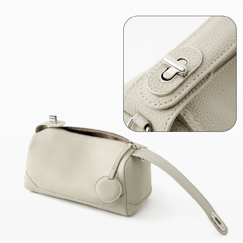 Beige Women Genuine First Layer Cowhide Boston Bag Fashionable Handheld Crossbody Shoulder Bag with 115cm Adjustable Strap