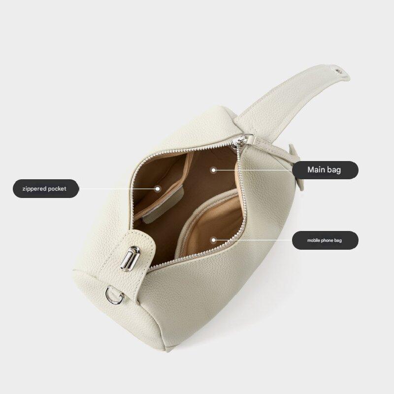 Beige Women Genuine First Layer Cowhide Boston Bag Fashionable Handheld Crossbody Shoulder Bag with 115cm Adjustable Strap