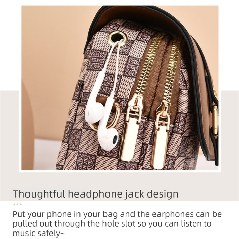 Brown rhombus Women's Mini Crossbody Phone Bag Compact PU Leather with Multiple Pockets and Headphone Port for Daily Travel Stylish Hands-Free Storage for Local Fashion