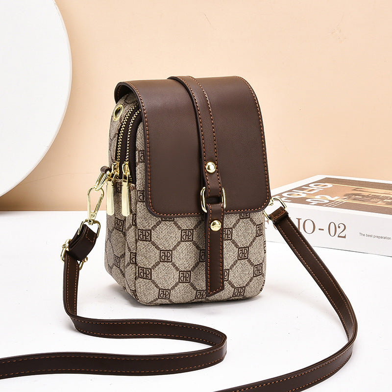Coffee color rhombus Women's Mini Crossbody Phone Bag Compact PU Leather with Multiple Pockets and Headphone Port for Daily Travel Stylish Hands-Free Storage for Local Fashion