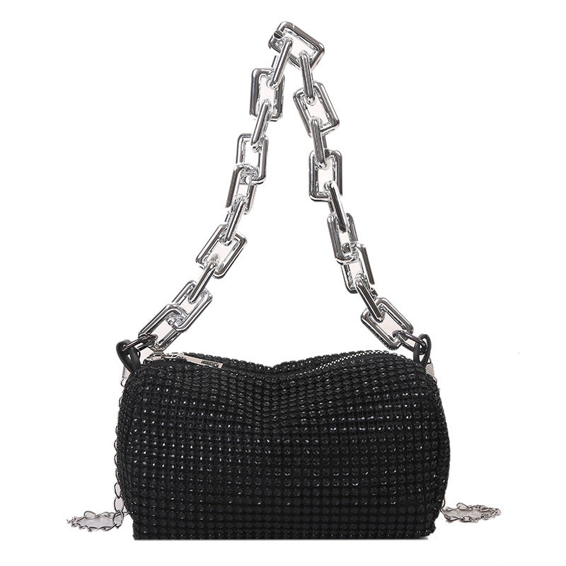 Black Mini Shoulder Bag for Women – Rhinestone-Embellished Pillow-Shaped Chain Bag with Fashionable Metal Hardware and Compact Design