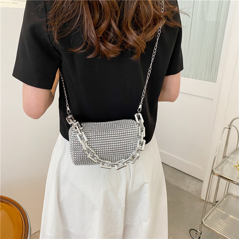 Black Mini Shoulder Bag for Women – Rhinestone-Embellished Pillow-Shaped Chain Bag with Fashionable Metal Hardware and Compact Design