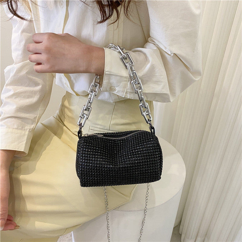 Silver Mini Shoulder Bag for Women – Rhinestone-Embellished Pillow-Shaped Chain Bag with Fashionable Metal Hardware and Compact Design