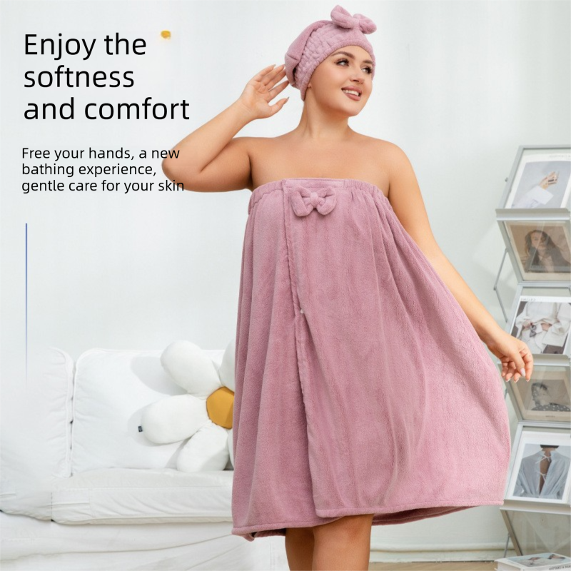 Purple Plus Size Bath Wrap Dress with Adjustable Elastic Waist and Bow Detail – Soft Absorbent Towel Robe for Post-Shower Comfort