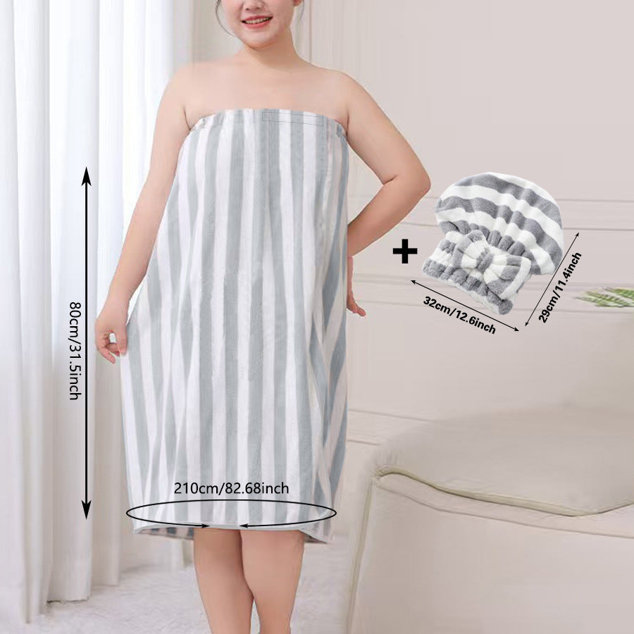 Grey Coral Fleece Bath Skirt with Matching Hair Towel – Soft Absorbent Wrap Dress for Women, Quick-Dry Shower Robe Set with Elastic Waistband and Adjustable Fit