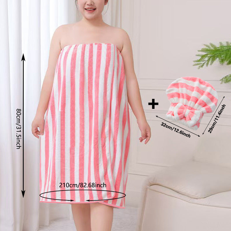 Pink Coral Fleece Bath Skirt with Matching Hair Towel – Soft Absorbent Wrap Dress for Women, Quick-Dry Shower Robe Set with Elastic Waistband and Adjustable Fit
