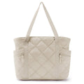 Womens Puffer Tote Bag Quilted Nylon Shoulder Handbag Large Capacity Laptop Work Travel Gym Carryall Bag with Zipper Beige