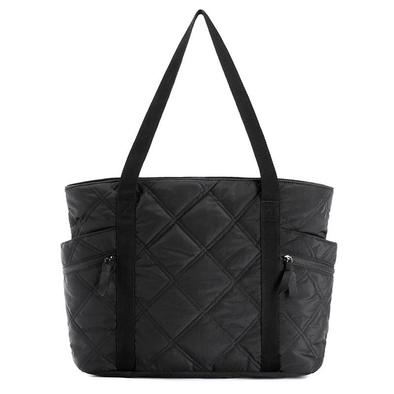 Womens Puffer Tote Bag Quilted Nylon Shoulder Handbag Large Capacity Laptop Work Travel Gym Carryall Bag with Zipper Black
