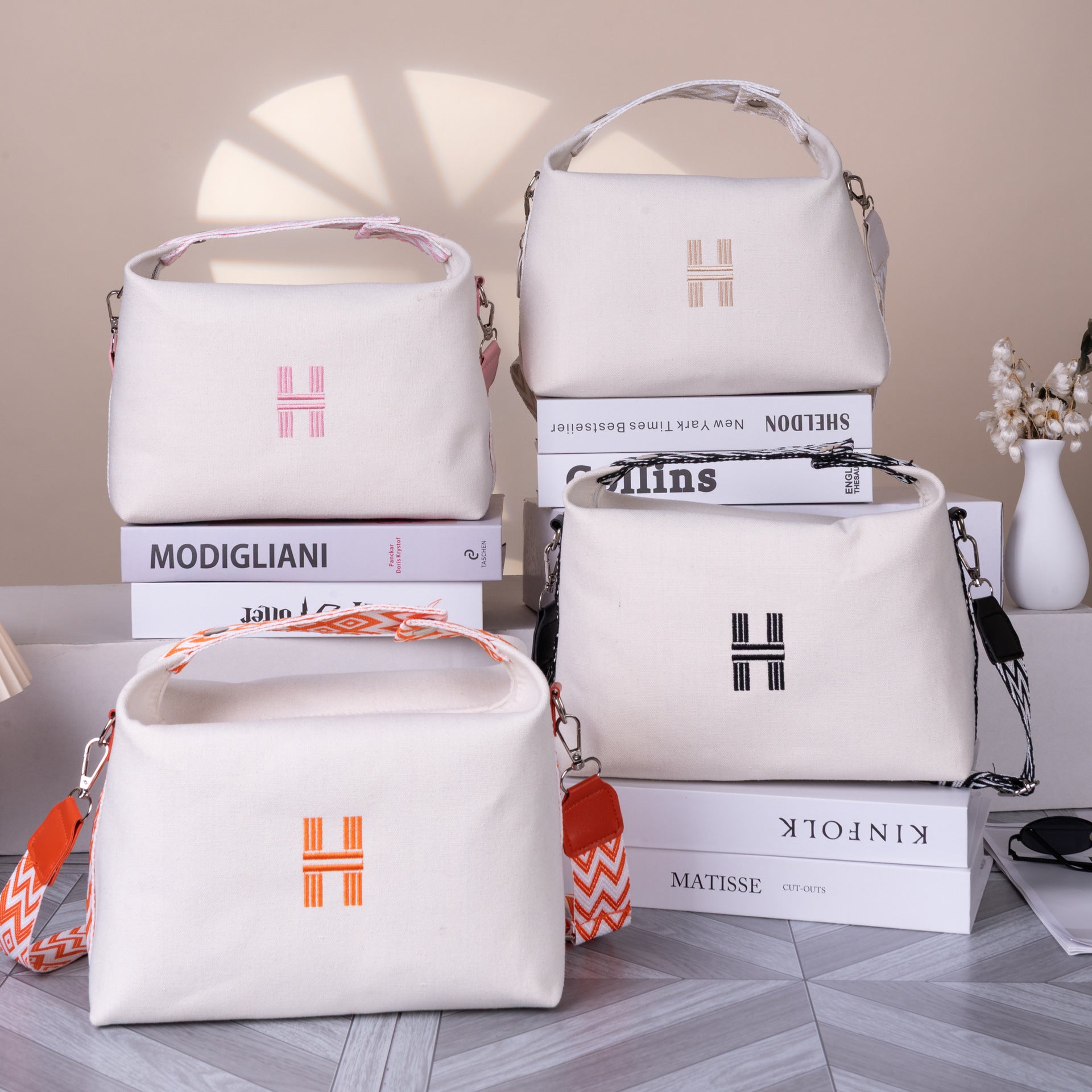Women's Minimalist Canvas Crossbody Bag with Wide Black Webbing Strap Casual Shoulder Handbag Large Capacity for Daily Use - Cream White