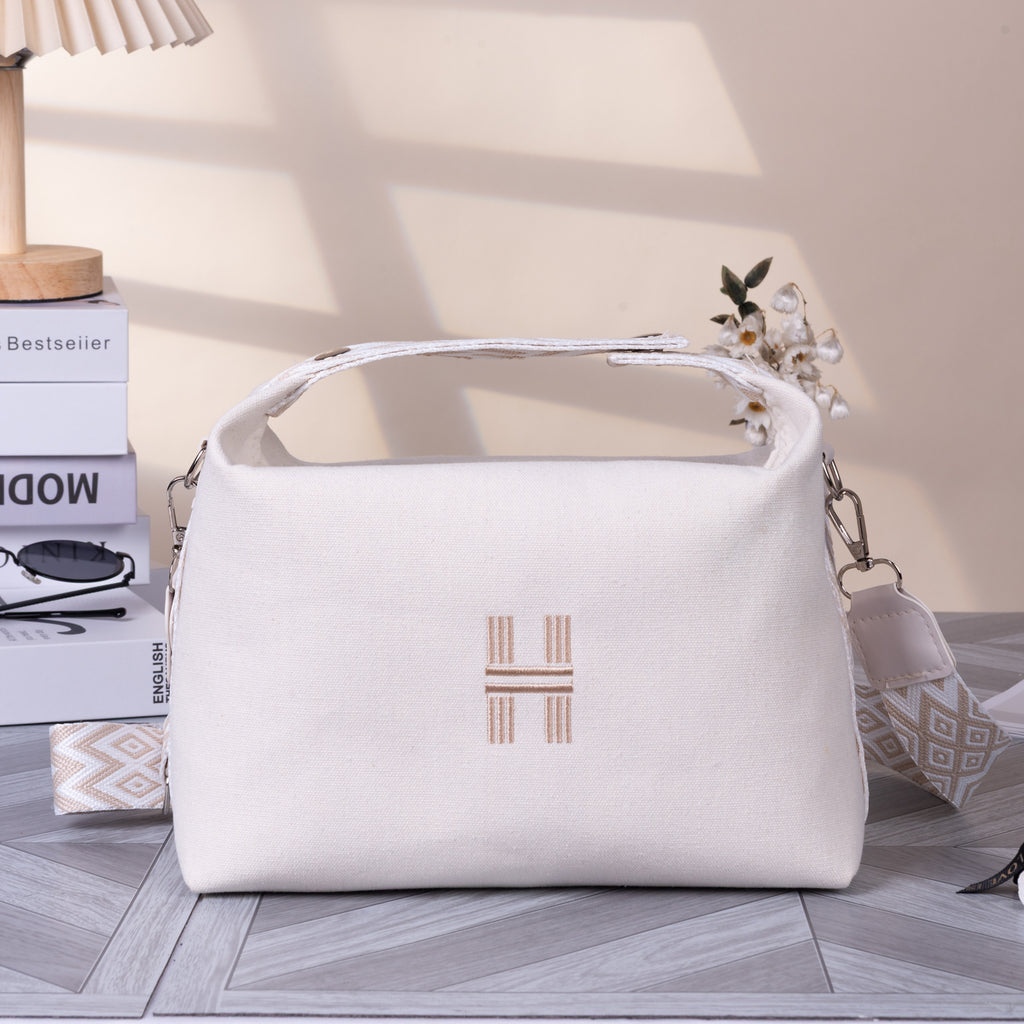Women's Minimalist Canvas Crossbody Bag with Wide Beige Webbing Strap Casual Shoulder Handbag Large Capacity for Daily Use - Cream White
