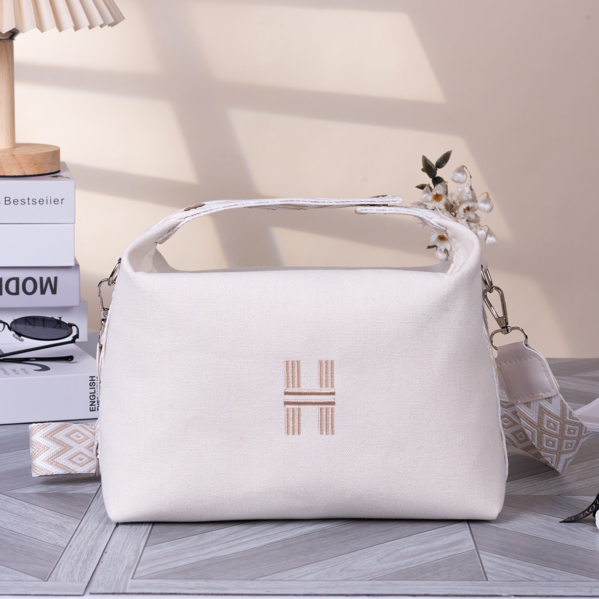 Women's Minimalist Canvas Crossbody Bag with Wide Beige Webbing Strap Casual Shoulder Handbag Large Capacity for Daily Use - Cream White