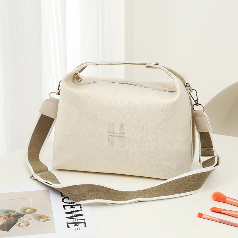 Womens Canvas Crossbody Bag Beige Minimalist H-Letter Box Tote Wide Strap Shoulder Handbag for Travel & Work Large Capacity
