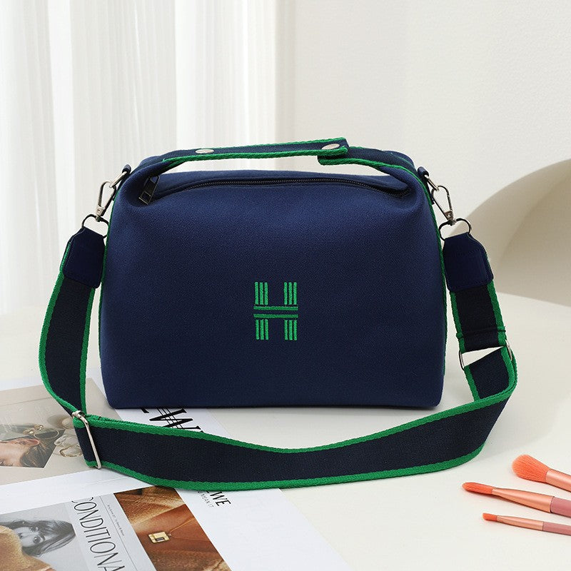 Womens Canvas Crossbody Bag navy blue Minimalist H-Letter Box Tote Wide Strap Shoulder Handbag for Travel & Work Large Capacity