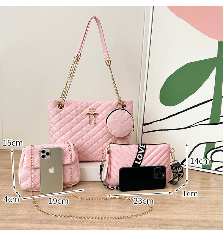 4-Piece PU Leather Rhombus Handbag Set - Large Capacity Shoulder Bag with Secure Zipper & Buckle Closure, Stylish Strap & Charms(Black)